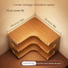 A wooden corner storage shelf with three tiers is fitted into a 90-degree corner for maximizing space.