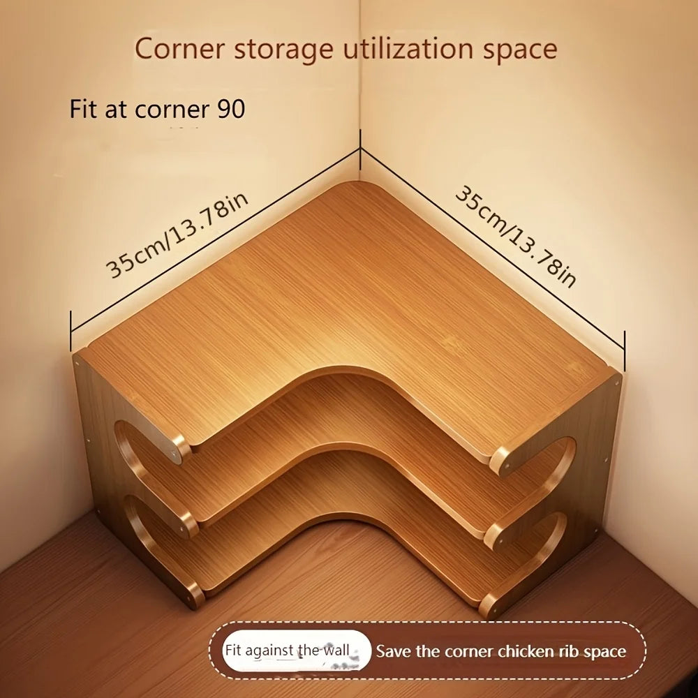 A wooden corner storage shelf with three tiers is fitted into a 90-degree corner for maximizing space.
