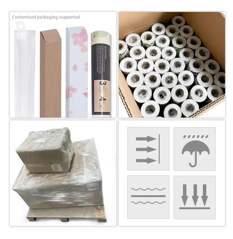 Différentes options d'emballage pour papier peint autocollant floral bohème, y compris boîtes et rouleaux
