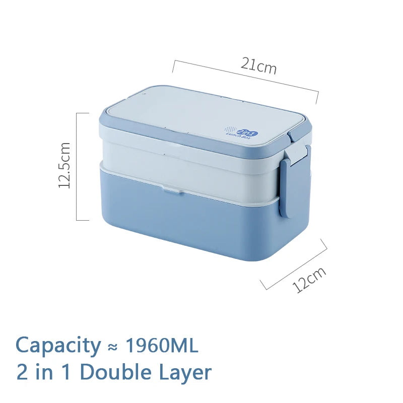 Light blue 2 in 1 double layer lunch box with utensils, measuring 21cm long and 12.5cm high.
