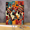 A paint by numbers kit featuring a vibrant portrait of an African woman in geometric patterns.