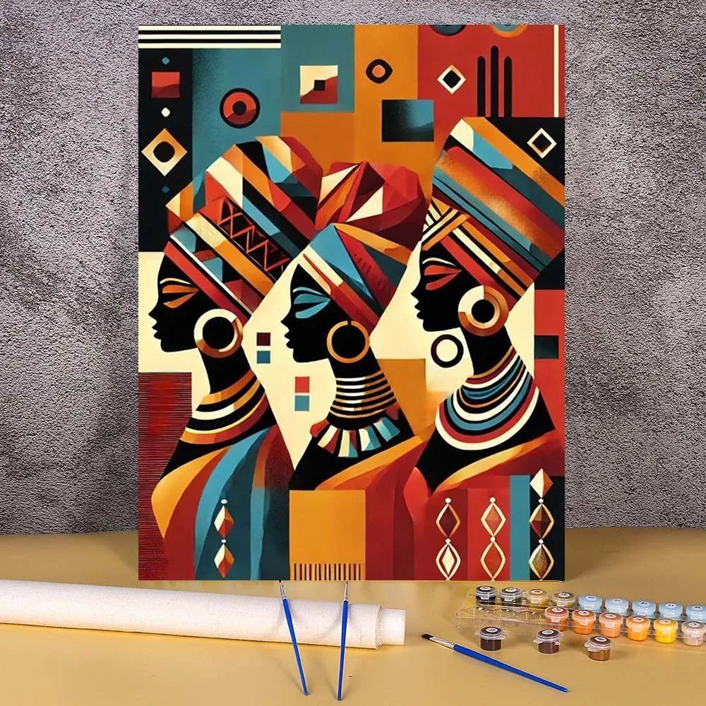 A paint by numbers kit featuring a vibrant portrait of an African woman in geometric patterns.
