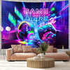 A vibrant tapestry featuring a neon purple and blue cityscape with a glowing game controller.