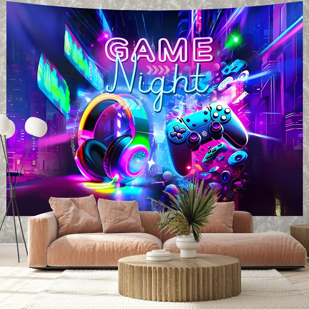 A vibrant tapestry featuring a neon purple and blue cityscape with a glowing game controller.