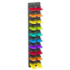 A vertical wall-mounted hat organizer rack with multiple colored slots for storing hats.