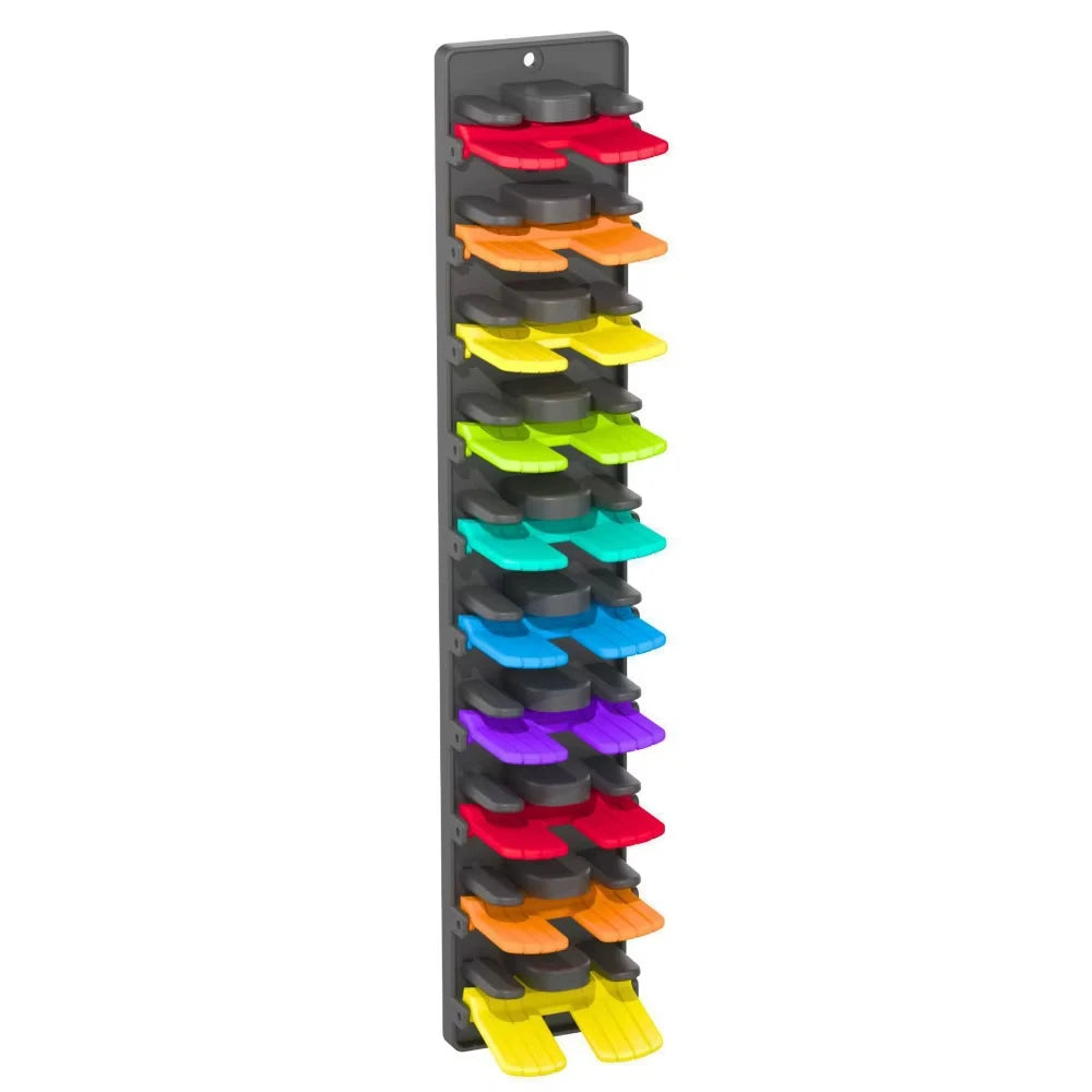 A vertical wall-mounted hat organizer rack with multiple colored slots for storing hats.