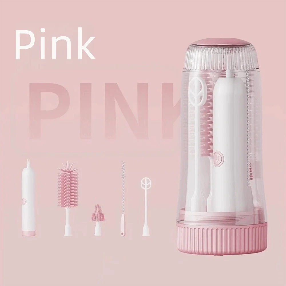 A pink electric baby bottle cleaning brush with a clear storage case and various brushes shown on a light pink background.