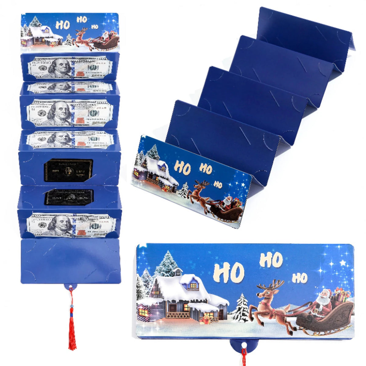 A set of blue and silver festive cash gift boxes for Santa Claus money, featuring various designs.
