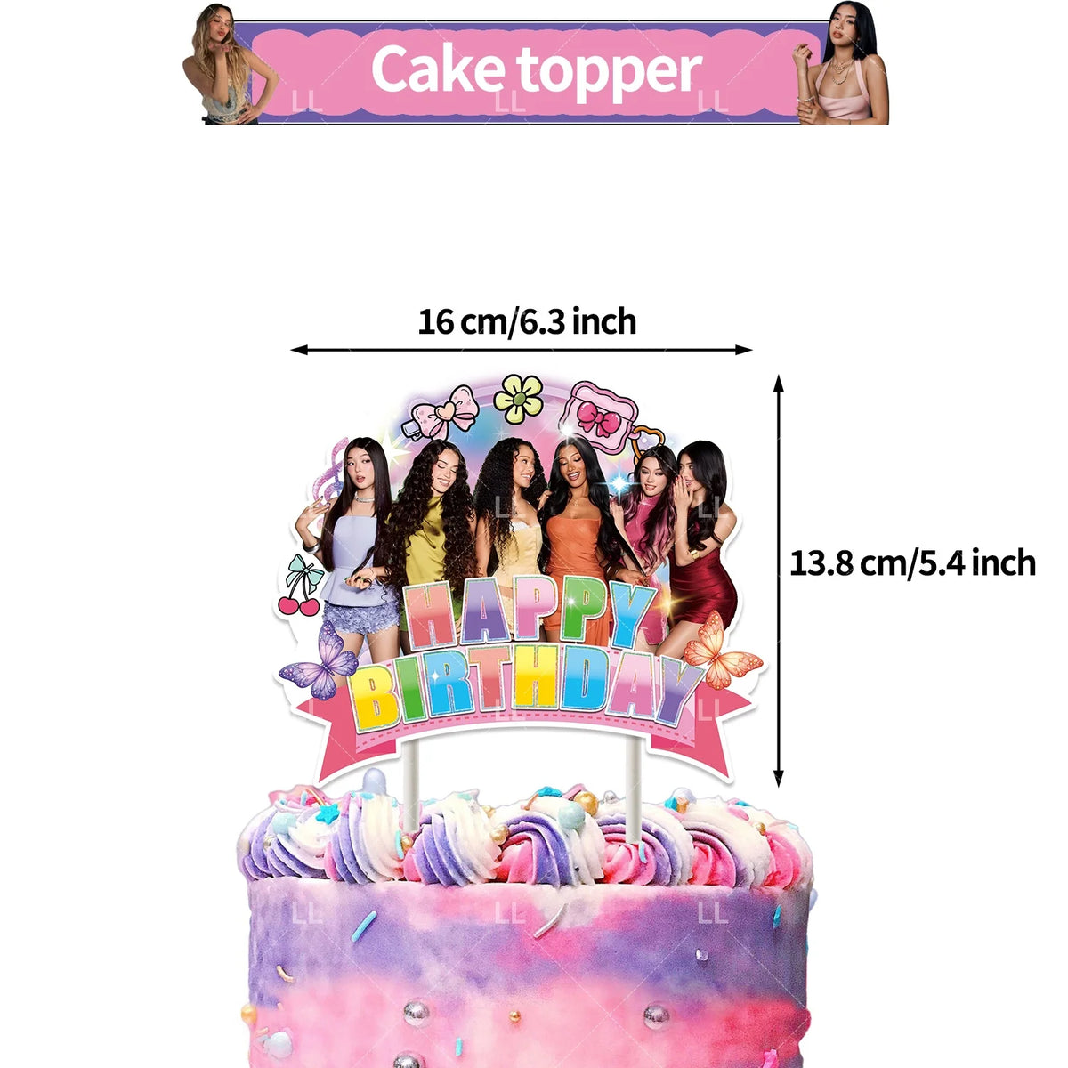 A cake topper featuring a K-pop inspired design with a happy birthday message and surrounding figures.