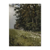 A landscape painting showing a grassy slope and dense trees with spring wildflowers under a misty sky.