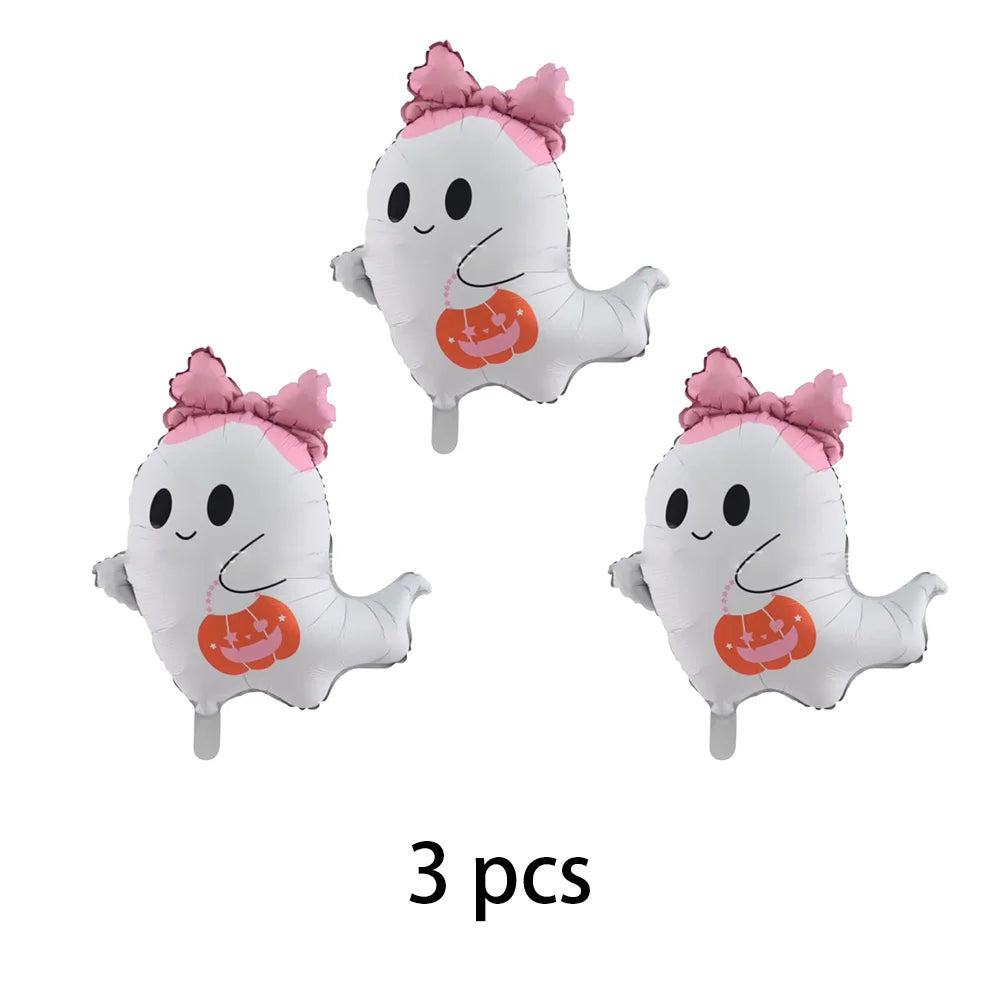 A set of three white ghost foil balloons with pink bows and orange pumpkin details for a Halloween party decoration.