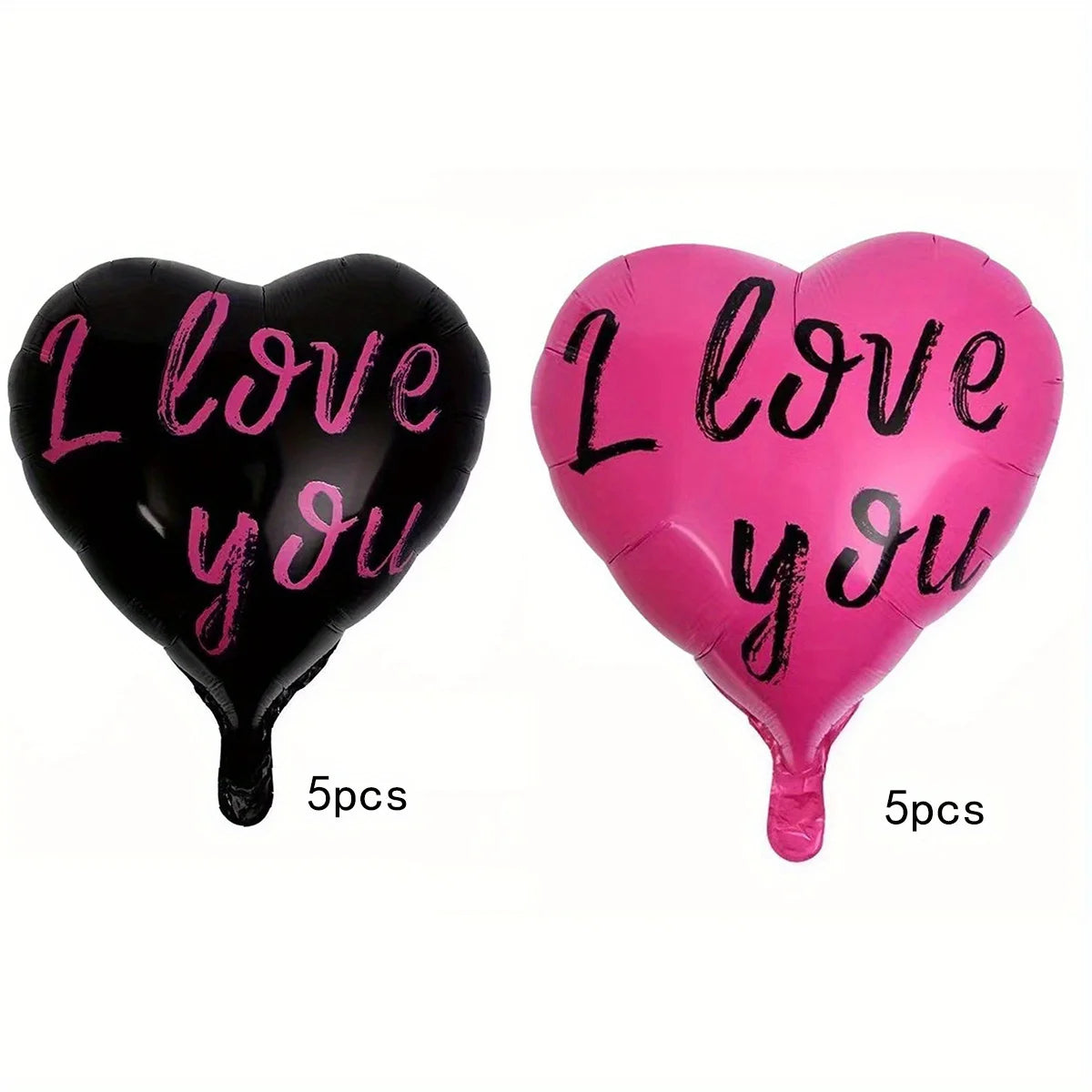 A set of two heart-shaped balloons, one black and one pink, both printed with the text I love you.