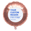 A bronze foil balloon shaped like a heart, featuring a circular sticker with the text Your Custom Region and dimensions 2126 