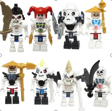 A collection of golden ninja building block figures featuring various characters and weapons.