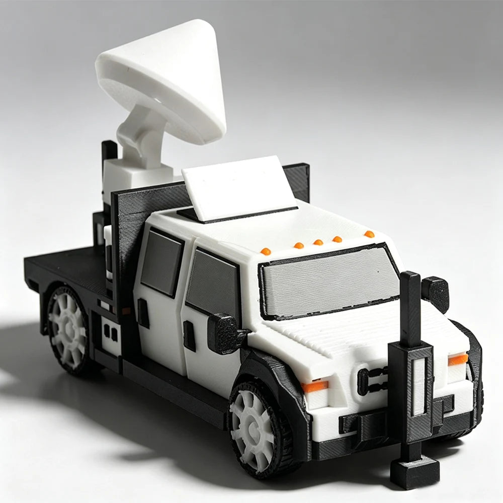 A detailed model of a white and black armored car, the Storm Chaser Tornado Interceptor, is shown from the side.