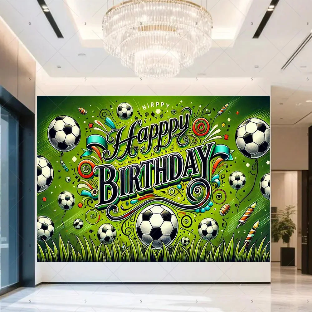 A vibrant green backdrop banner for a birthday party featuring soccer balls, trophies, and crowns.