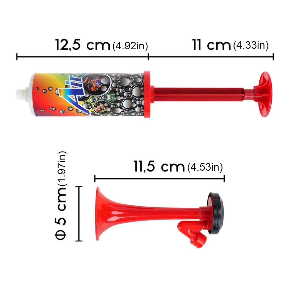 A reusable red air pressure horn with a decorative silver and orange body and a black base.