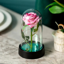 A glass jar containing a pink rose with a green stem, illuminated by an LED light, sitting on a white surface.