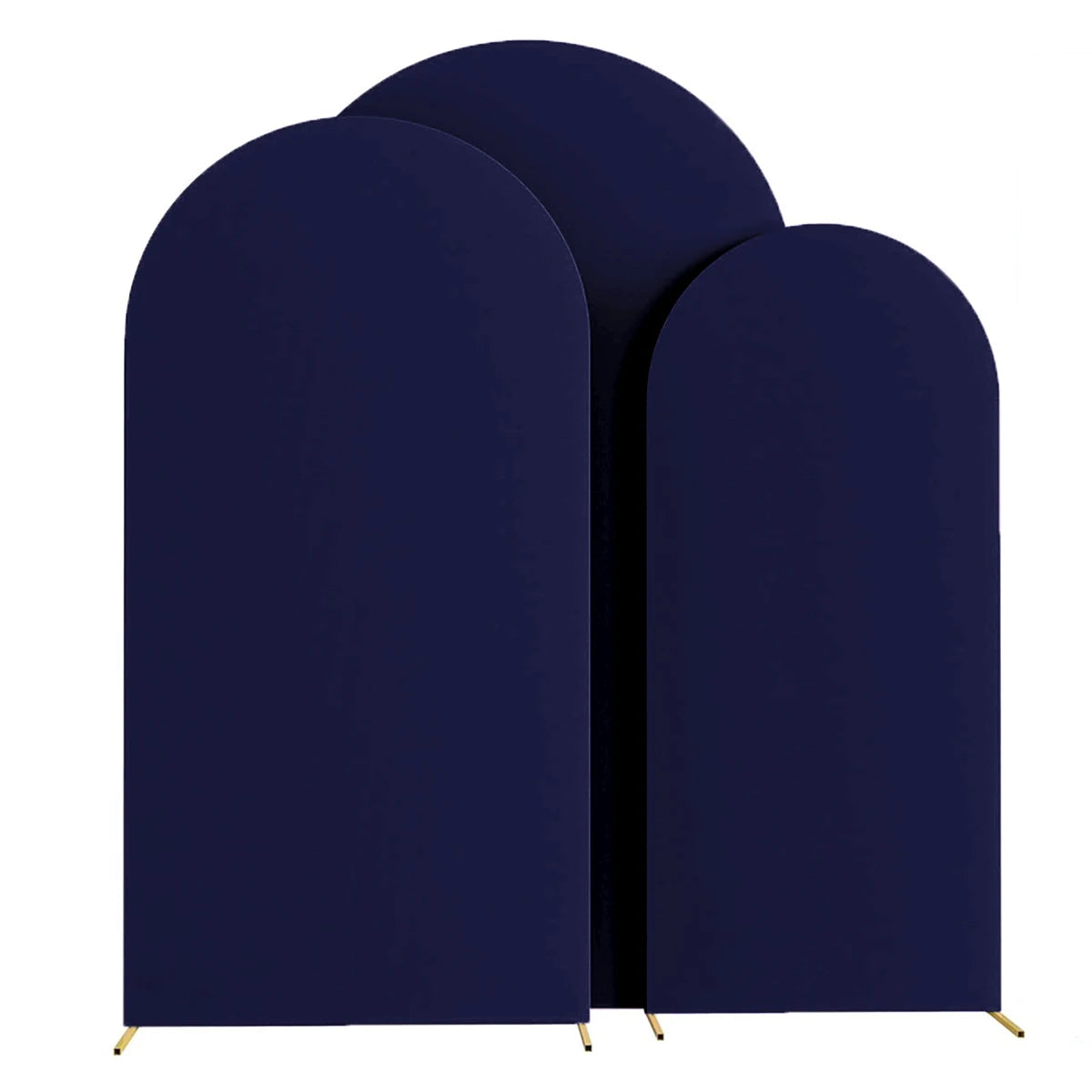 A set of three navy blue spandex fitted wedding arch covers.