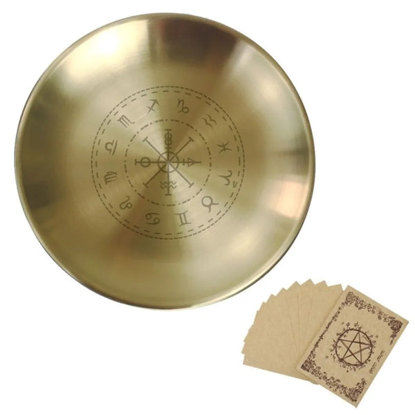 A round stainless steel altar plate featuring a zodiac wheel design for rituals and decor.