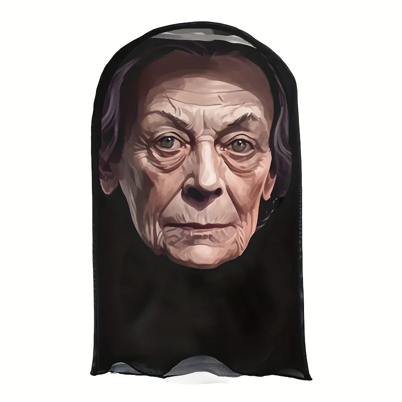 A portrait of an elderly man with deep wrinkles and dark hair, shown in a black mask.