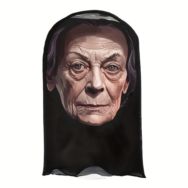 A dark mask depicting an elderly face with deep wrinkles and intense eyes.