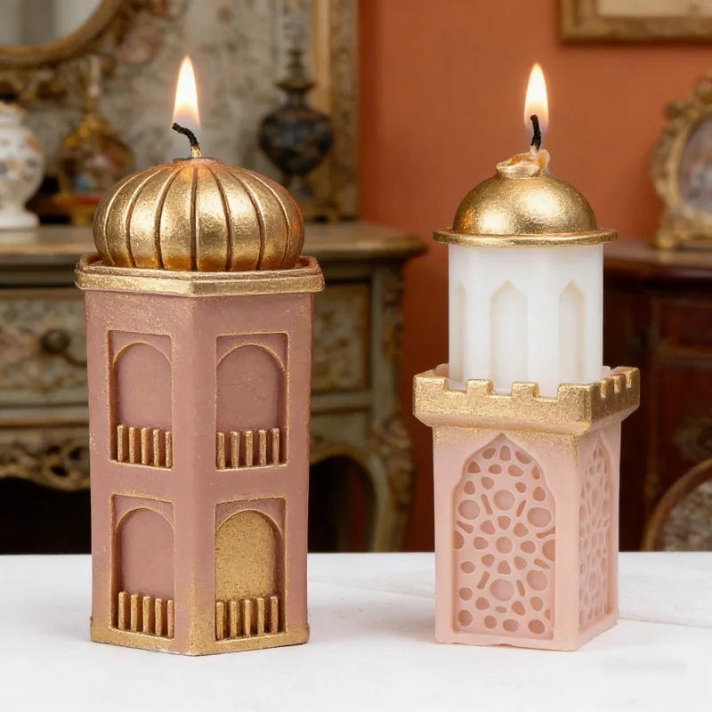 A set of silicone candle molds shaped like a mosque, featuring gold and pink tones.