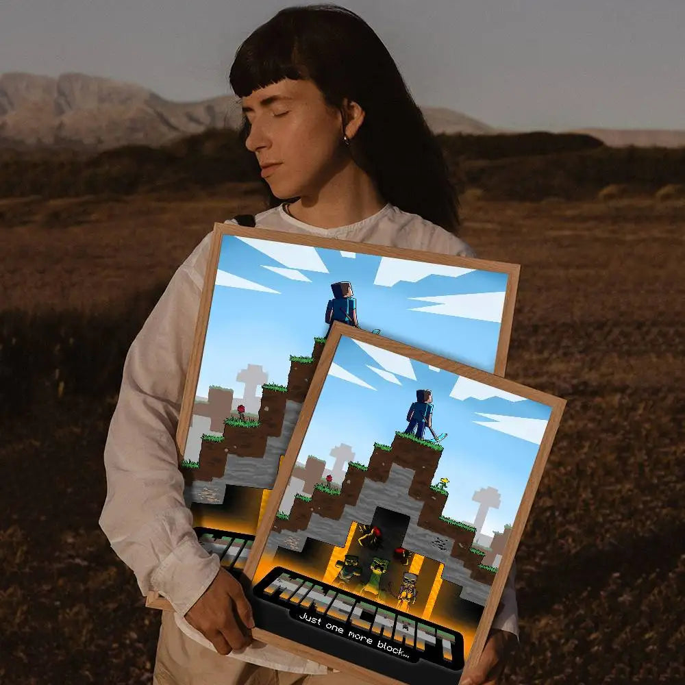A person holds a framed print featuring a dynamic theme, showing a character standing on a rocky landscape.