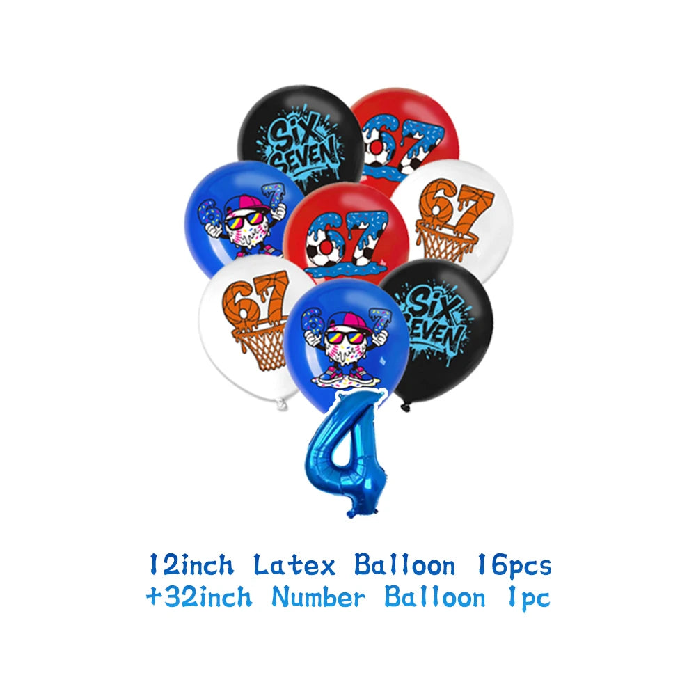 A set of 16 latex balloons featuring the numbers six and seven with themed designs for a birthday party.