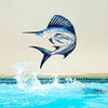 A stylized blue and white metal fish silhouette leaping out of clear water.