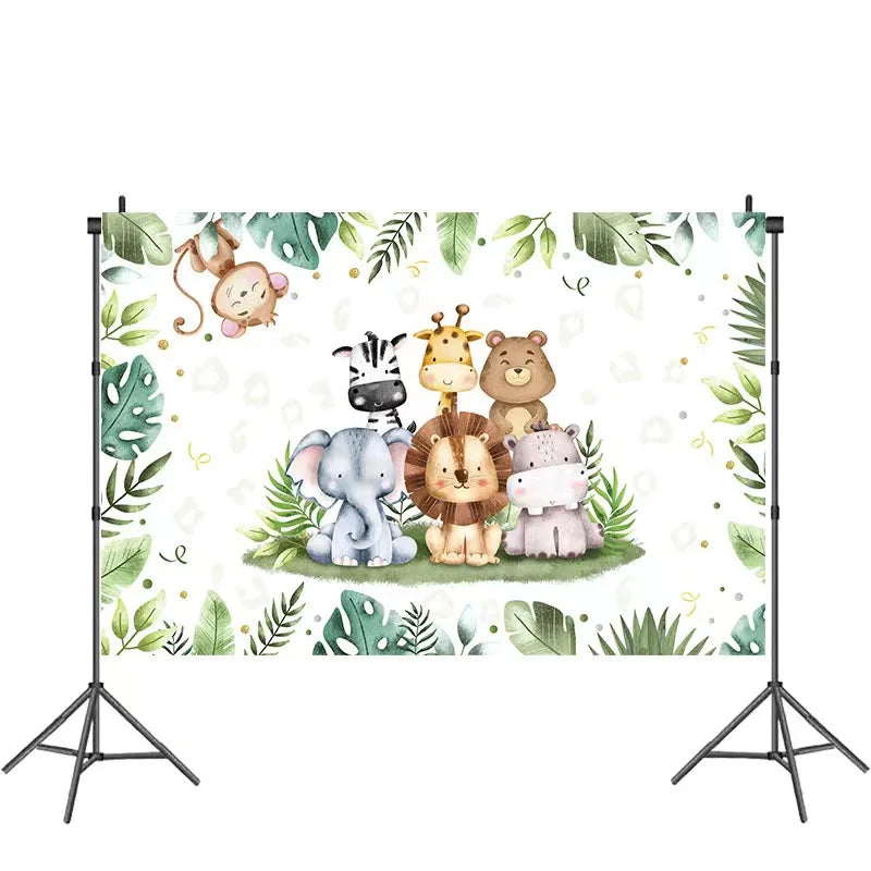 A watercolor illustration featuring various cute safari animals like a lion, elephant, and giraffe on a green background.