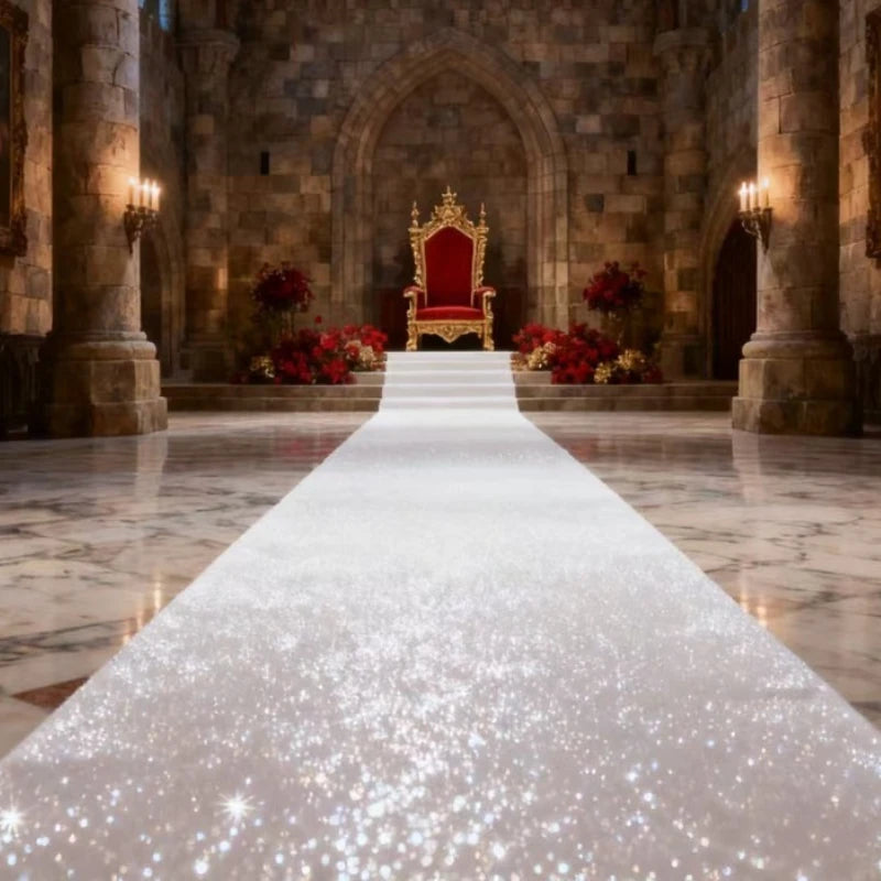 Elegant white sparkling aisle runner leading down a stone church aisle with ornate throne chairs and pillars