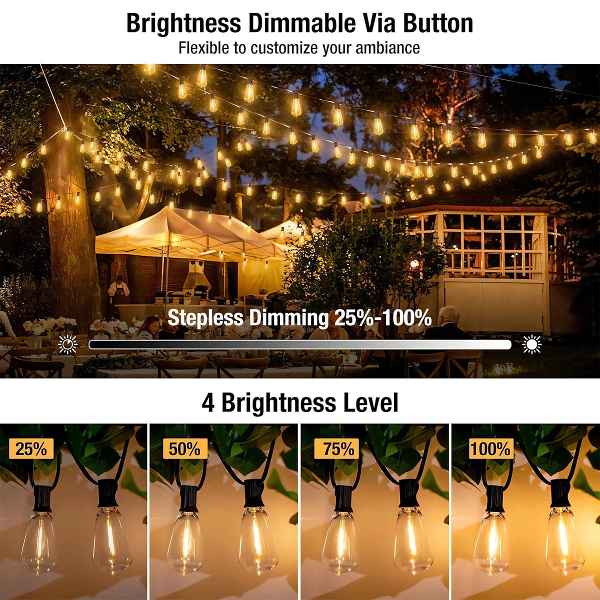 A series of solar powered outdoor string lights demonstrating four brightness levels from 25% to 100%.
