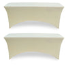 A cream-colored stretch fitted spandex table cover for a rectangular table, shown from the side.