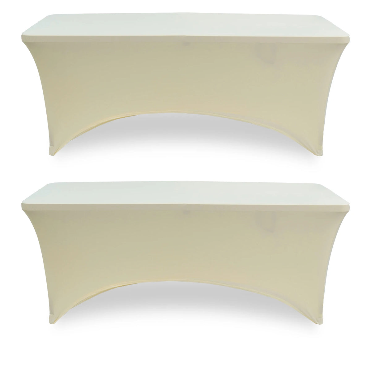A cream-colored stretch fitted spandex table cover for a rectangular table, shown from the side.