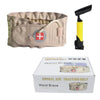 A beige inflatable traction belt with a yellow handle and red cross emblem is shown next to its packaging box.