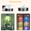 A black LED picture light with a magnetic mount is shown in various scenes and display modes.