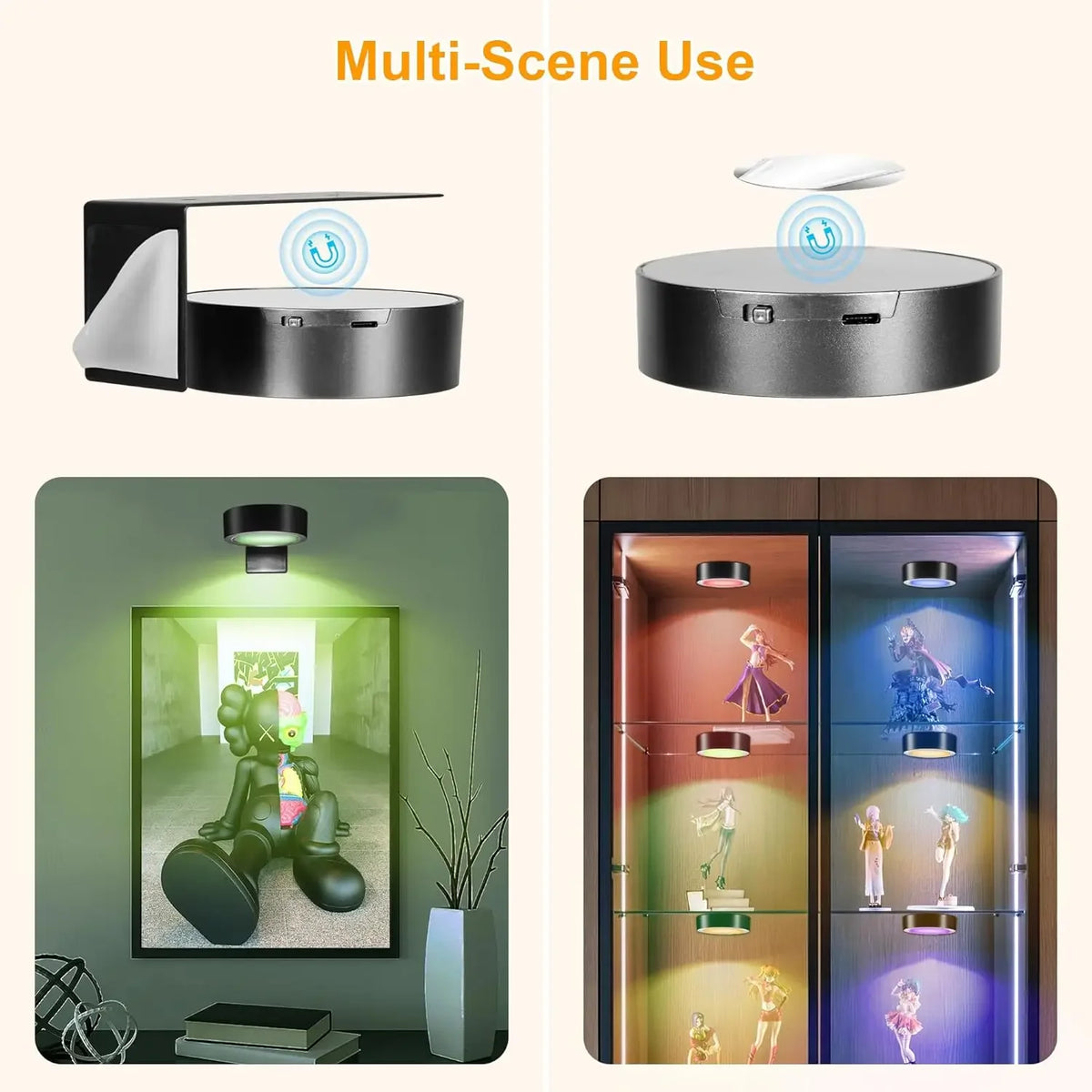 A black LED picture light with a magnetic mount is shown in various scenes and display modes.