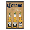 A vintage beer metal sign set featuring Corona Extra, Premier, and Light beers on a cardboard background.