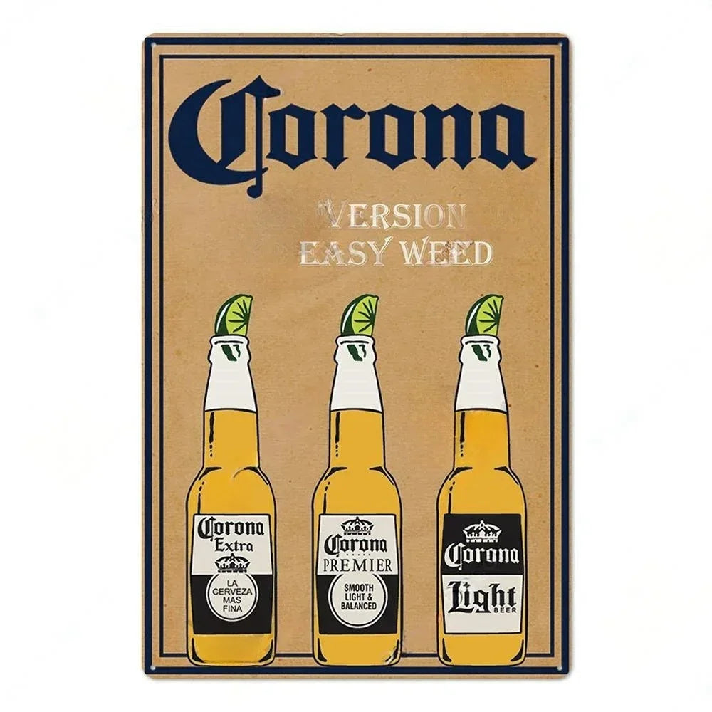 A vintage beer metal sign set featuring Corona Extra, Premier, and Light beers on a cardboard background.
