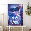 Anime wall poster featuring Gojo Satoru with glowing blue eyes and a skull motif