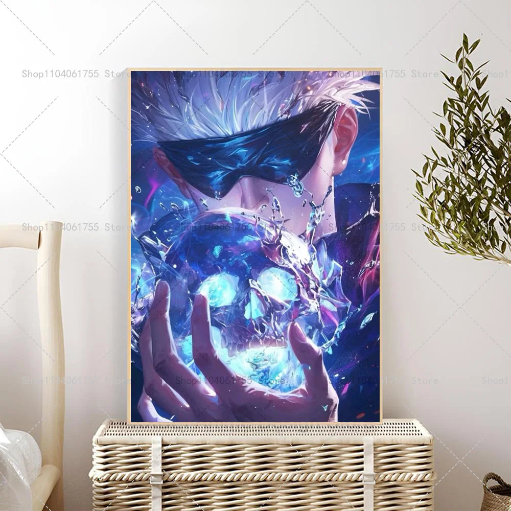 Anime wall poster featuring Gojo Satoru with glowing blue eyes and a skull motif