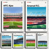 A collection of football club stadium posters featuring Ajax, Arsenal, Barcelona, Liverpool, and Manchester City.