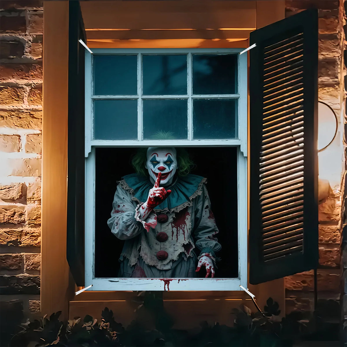 A horror carnival clown figure with green hair and bloodstains is displayed in a window frame.