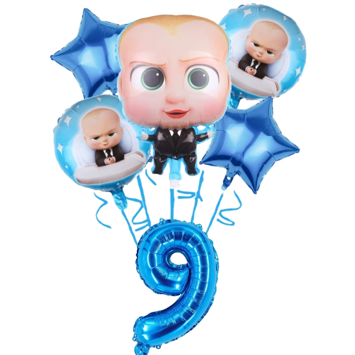 Blue balloons featuring baby figures and a large blue number nine for a baby boss themed party
