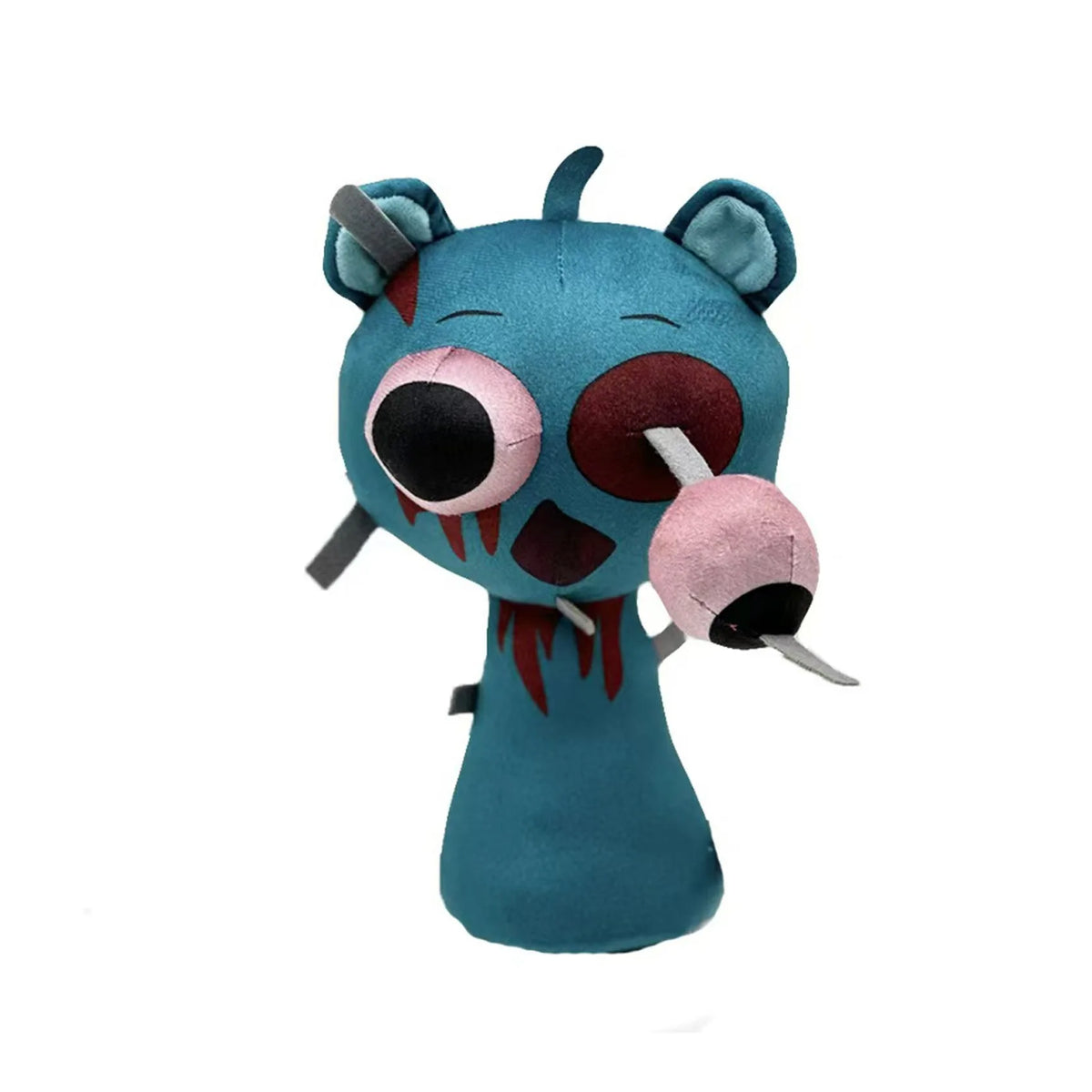 A teal plush toy resembling a blue cat with blood splatters on its face and a pink accessory.