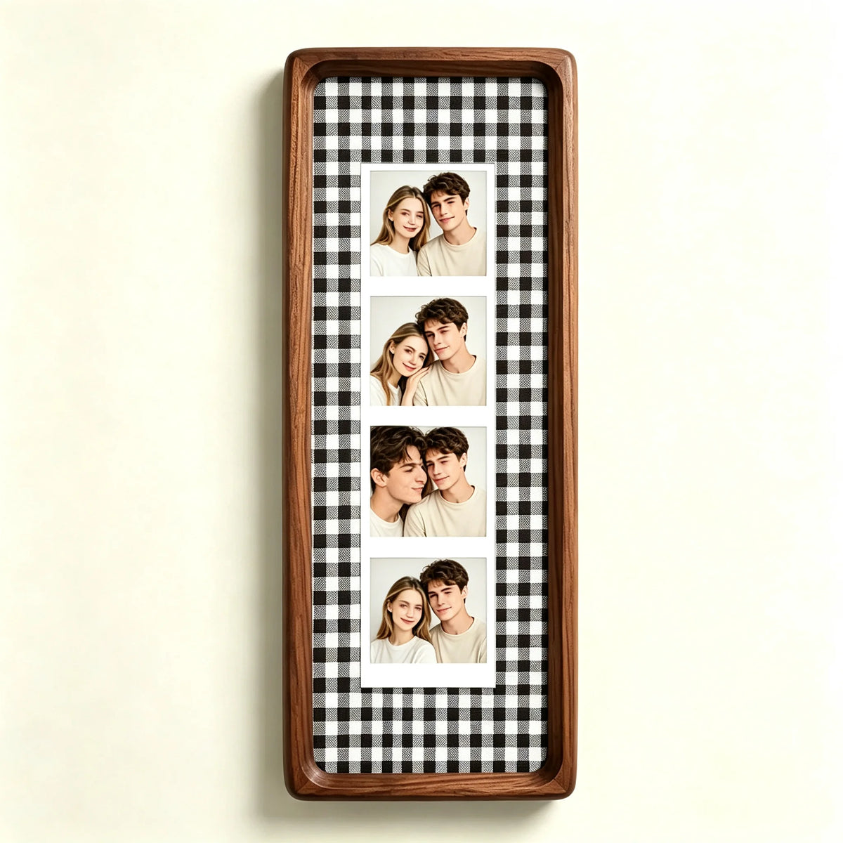 A wooden photo strip frame with a black and white gingham pattern displaying multiple portrait photos of a couple.