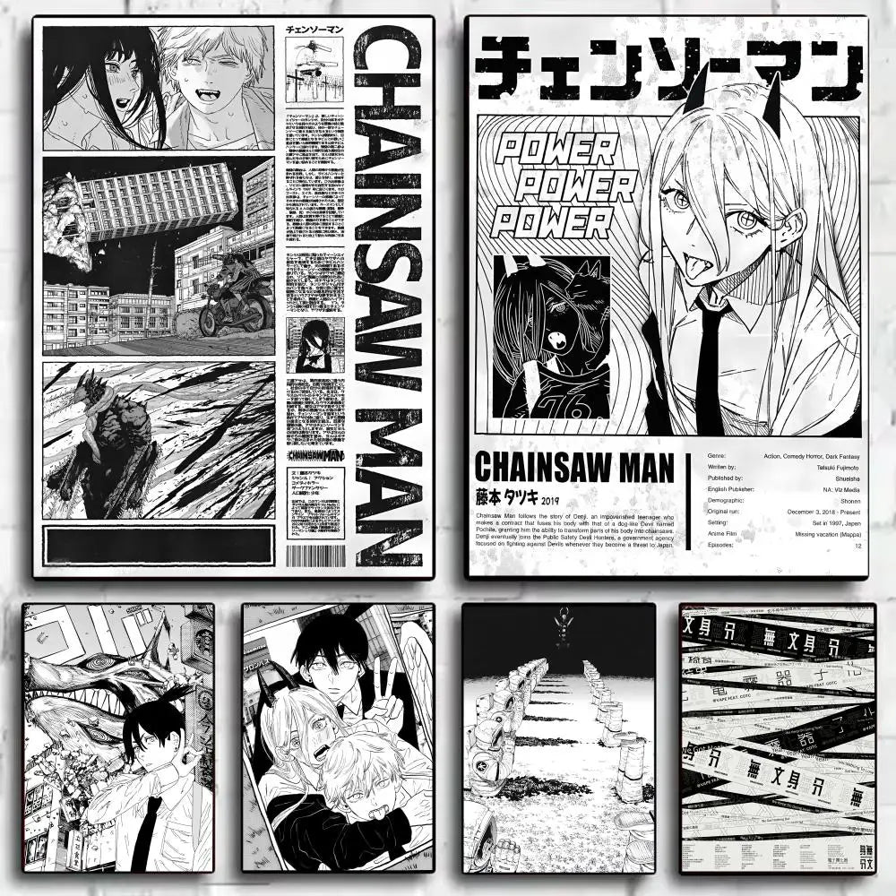 Wall art featuring various panels and artwork related to the Chainsaw Man anime and manga.