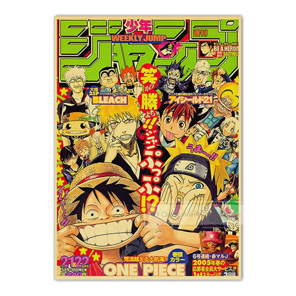 A poster featuring various anime characters including JoJo, Jujutsu Kaisen, and Demon Slayer