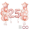 A collection of rose gold foil balloons shaped like a number 25 and stars for birthday party decor.